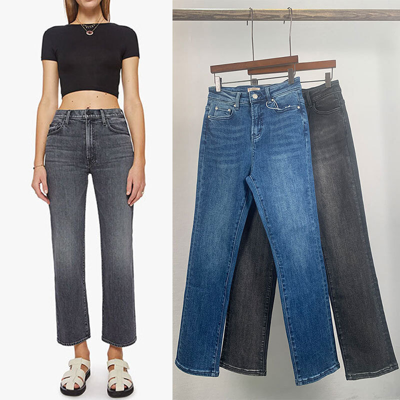Dames Straight Cropped Denim Broek Hoge Taille Slanke Veelzijdige Elasticiteit Jeans