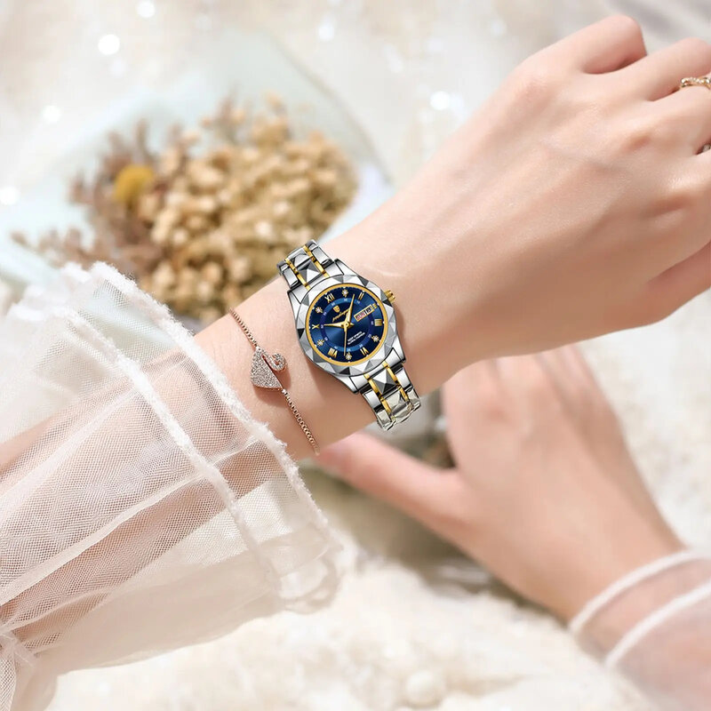 Jam tangan emas wanita, arloji gelang baja kreatif tahan air Reloj Mujer + kotak 2024