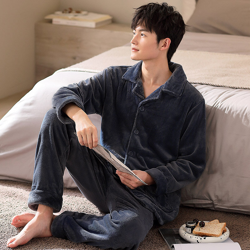 Men's Autumn And Winter Thick Flannel Pajamas Sets Long Sleeve Fashion Style Solid Warm Sleepwear Big Yards M-3XL Pijamas Hombre