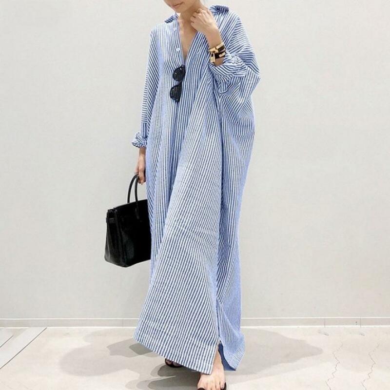 Vestido maxi solto de manga comprida feminino, estilo coreano, lapela chique, bainha dividida, vintage, tamanho grande, vestido casual de praia boho