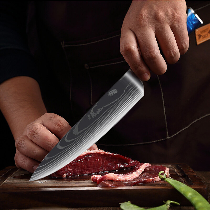Pisau koki motif Damaskus 7CR17 pisau daging besi tahan karat pisau dapur Set pisau pengiris buah rumah tangga pisau Boning