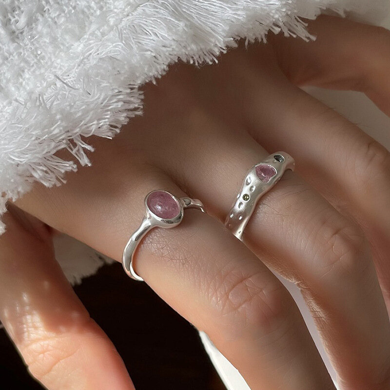 925 Sterling Silver Simple Retro Pink Stone Rings For Women Geometric Fashion Smiple Open Handmade Allergy Party Jewelry Gift