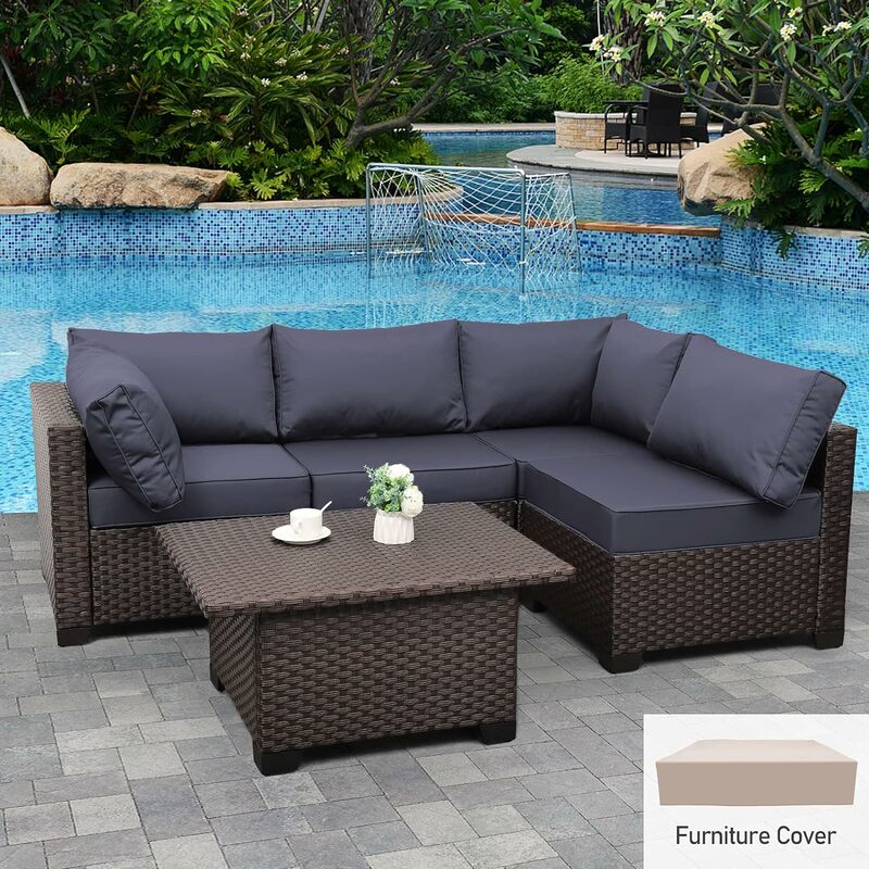 Rattaner 5 Pieces Outdoor Wicker Furniture Conversation Set Patio Furniture Sectional Sofa Couch Set Adjustable Storage Table
