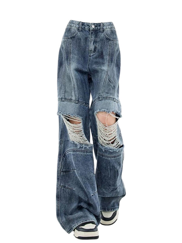 Женские мешковатые джинсы с низкой посадкой, модные мешковатые брюки Y2k в Корейском стиле, Японская уличная одежда, джинсовые брюки с дырками в стиле гранж 1920-х, в стиле кибер-панк
