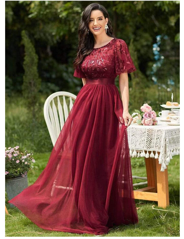 2024 Qualität Frühling und Herbst Frühling/Herbst elastische Taille Panel Rundhals ausschnitt Party große A-Linie Mesh Abendkleid für Frauen
