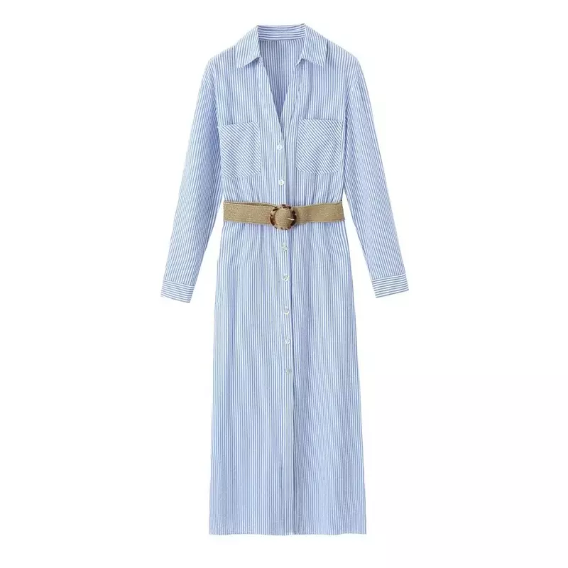 Robe mi-longue rétro à manches longues pour femmes, ceinture rayée, bouton, style chemise, éducatif, nouvelle mode, 2024
