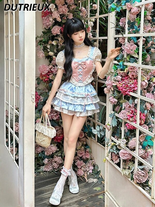 Conjunto de dos piezas de manga corta abullonada, camisa con lazo de encaje y faldas escalonadas, Color rosa y azul, dulce princesa pura, Verano