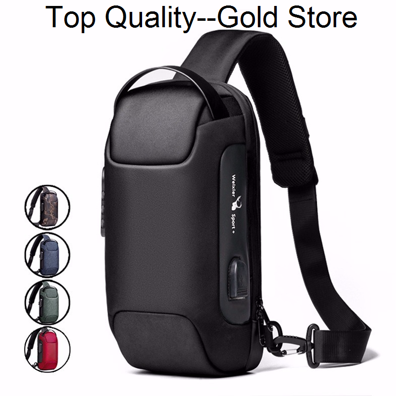 Men Oxford Sling Backpack Rucksack Knapsack Bags with USB Charge Port Anti-theft Travel Male Motorcycle Messenger Chest Pack Bag