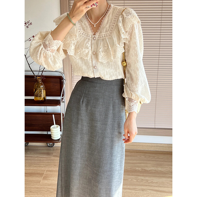 Винтажные французские женские рубашки, кружевная Элегантная блузка в стиле "Лолита" с длинным рукавом и воланом, офисные женские топы высокого качества, новые модные шикарные женские топы