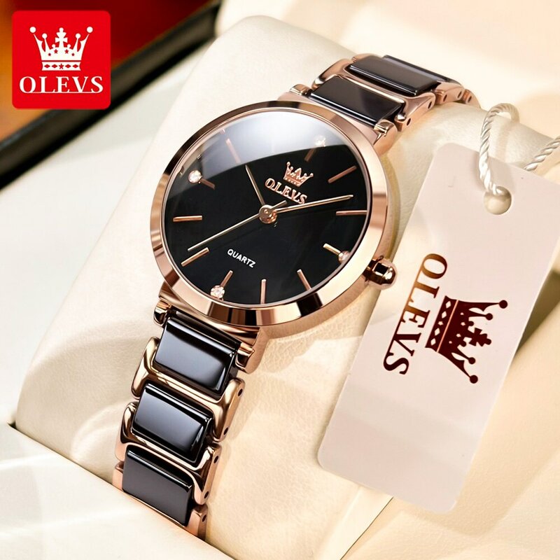 OLEVS-Reloj de cuarzo con correa de cerámica para Mujer, pulsera femenina de oro rosa, de lujo, a la moda