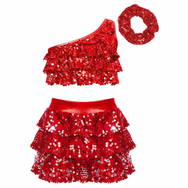 Kids Girls Stage Performance Jazz Dance Costume due pezzi Party Outfit Dancewear una spalla paillettes lucide Crop Top Shorts