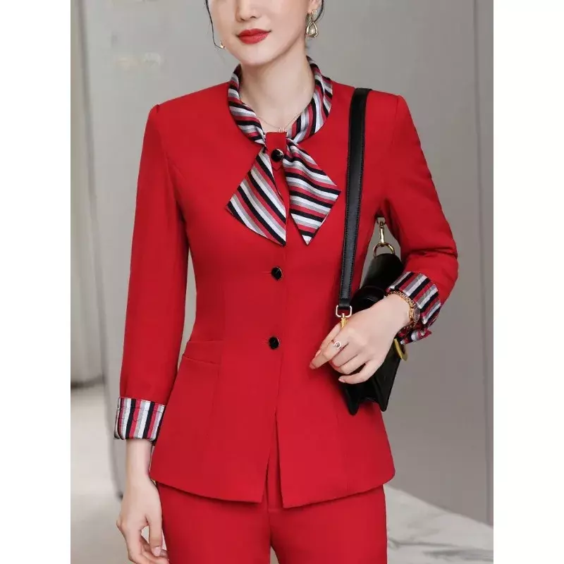 Elegante giacca da lavoro da donna da ufficio Blazer da donna rosso nero Navy solido manica lunga giacca formale con fiocco