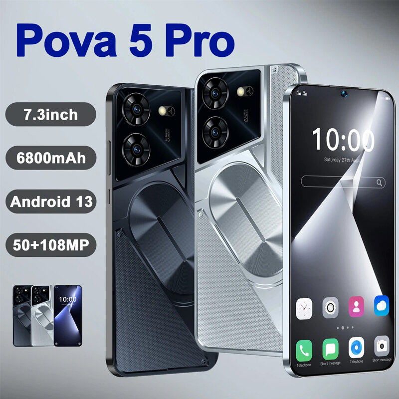 Pova 5 Pro Smartphone, Telefone Móvel, Dual Sim, Face Desbloqueada, 5G, Tela 7.3HD, 16G + 1T, 6800mAh, 50MP + 108MP, Android 13, Original