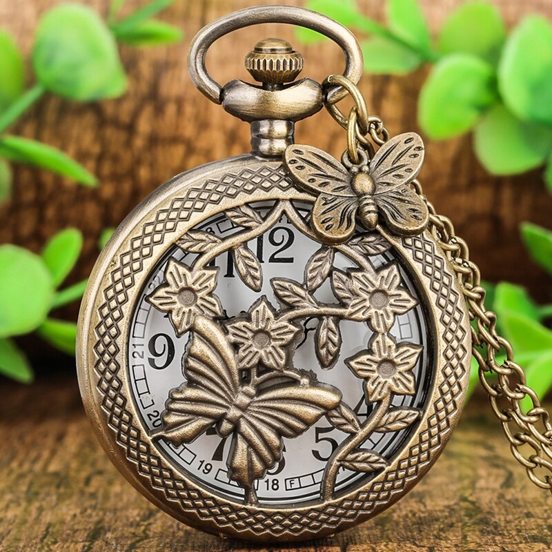 Retro Bronze ผีเสื้อและดอกไม้สร้อยคอควอตซ์นาฬิกาพ็อกเก็ตนาฬิกาจี้ Fob นาฬิกานาฬิกาผีเสื้ออุปกรณ์เสริม