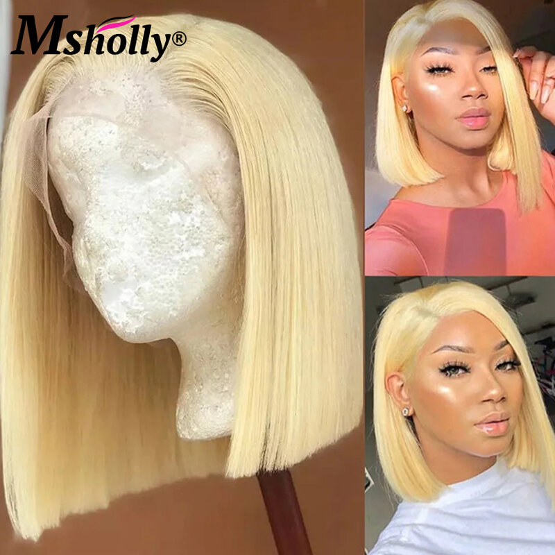 Honey Blonde 13x4 HD transparan renda depan rambut manusia wig 613 pendek potongan Bob rambut lurus wig Brazilian Remy untuk wanita