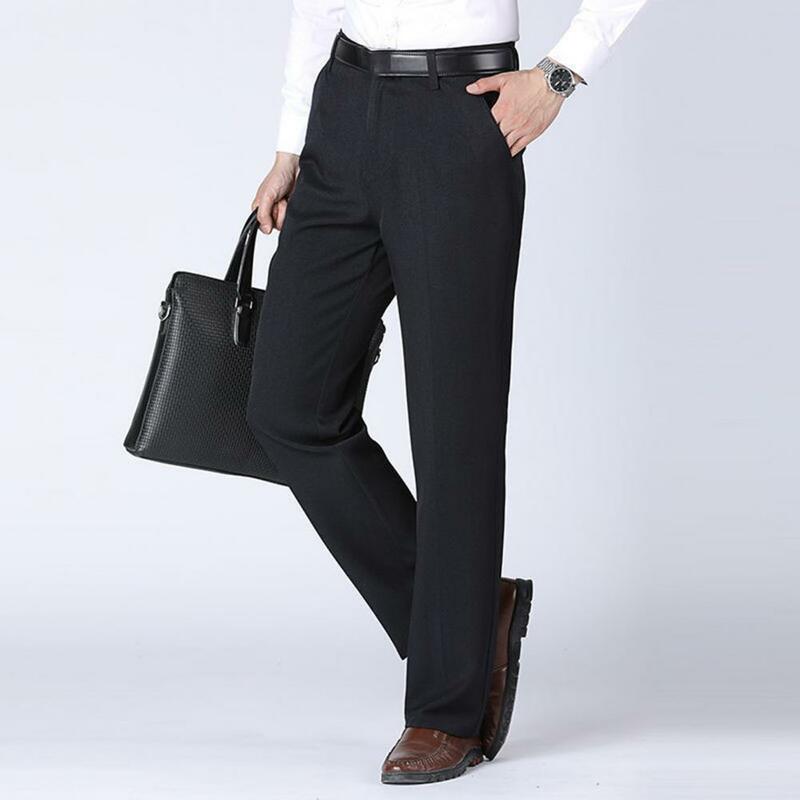 Calça de bolsos mosca com zíper de cintura alta masculina, terno casual reto, calça de corte 3D, cor sólida