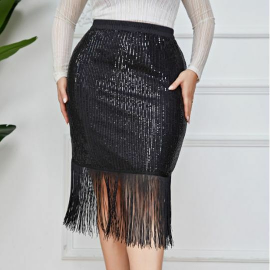 Женская юбка с блестками, элегантная юбка большого размера с высокой талией и бахромой в стиле ретро, 2023