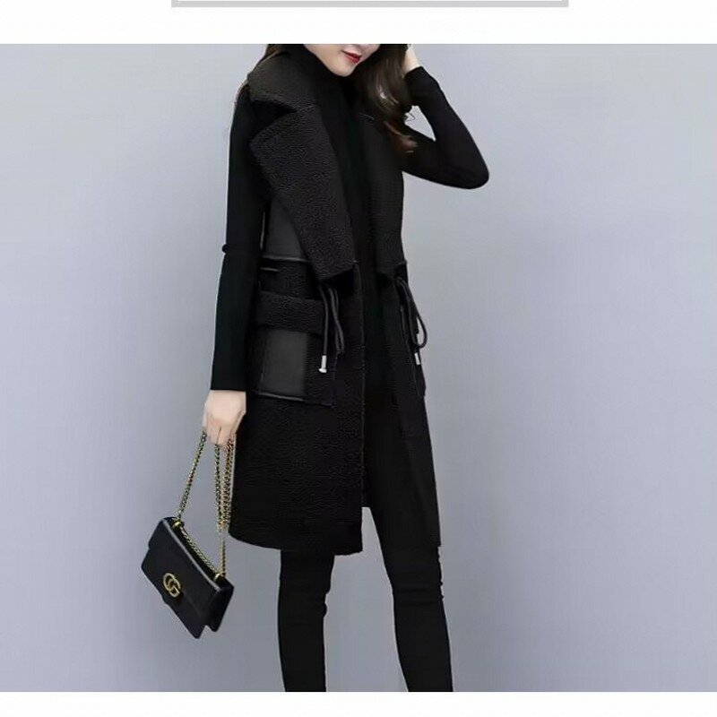 2024 Autumn Winter New Leather Vest Coat Long Lambwool Sleeveless Waistcoat Fashion Slim Female Vest Jacket 5XL