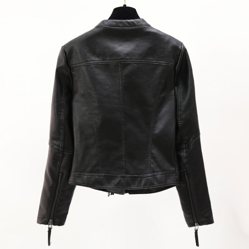 Женская Осенняя новая мотоциклетная куртка из искусственной кожи 2024, простая короткая облегающая кожаная куртка с воротником-стойкой