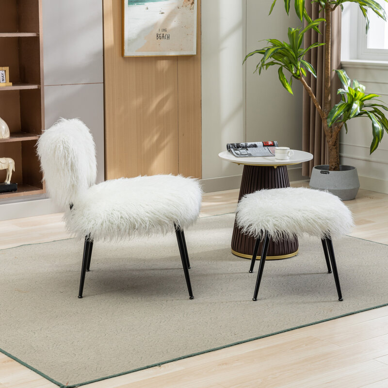 Cadeira Accent Plush com Otomano, Fofo e Cozy, 25,2 "Wide, Marfim Faux Fur, confortável, Sala e Quarto, Mid Century