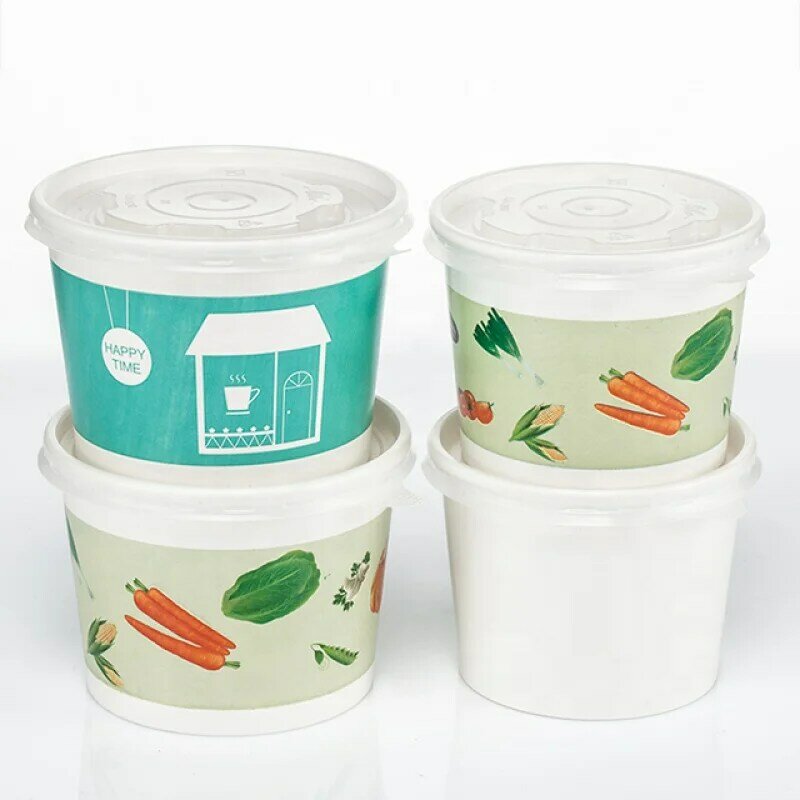 Kunden spezifisches Produkt kunden spezifische Einweg-Suppen tasse Brei Schüssel 390/520ml Papiers uppe Schüssel und Deckel