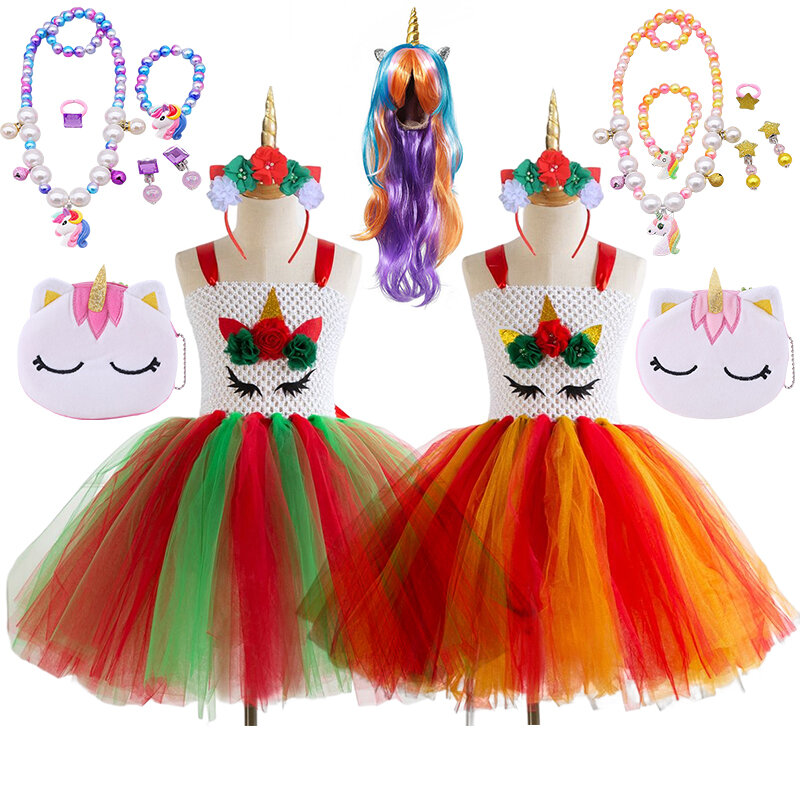 Meisjes Kerst Cartoons Eenhoorn Kostuum Voor 2-10Years Kids Regenboog Verjaardagsfeestje Tutu Jurken Prinses Cosplay Kostuums