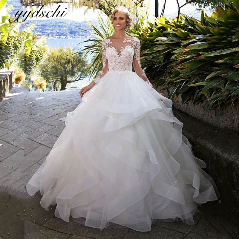 Elegant O-Neck Backless Appliques Tulle Cut-out Tiered Full Sleeves Wedding Dresses 2024 Court Train Ball Gown Bridal Gown