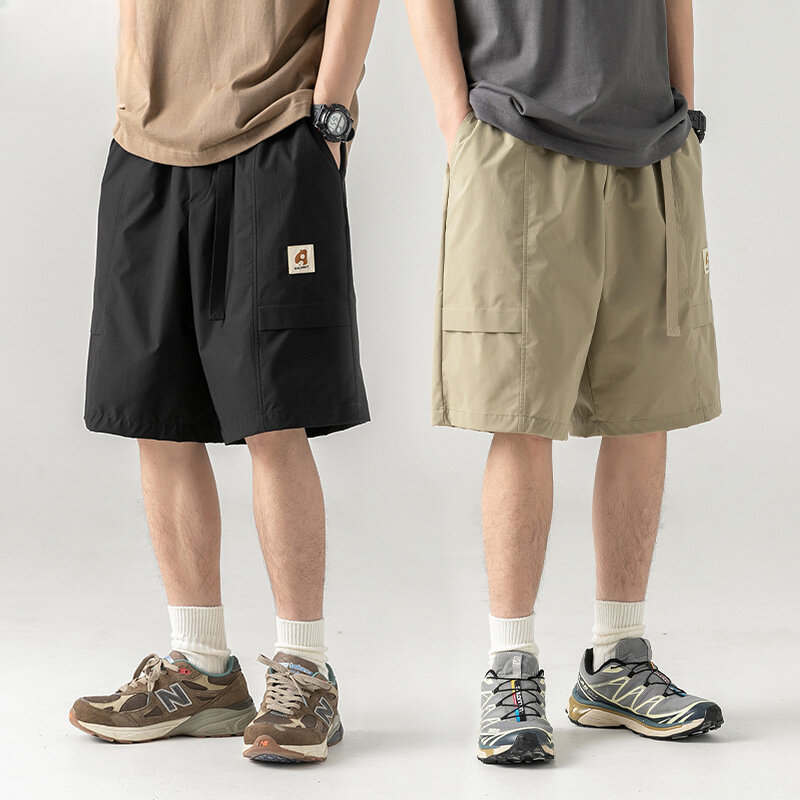 Шорты-карго мужские с пряжкой и поясом, винтажные повседневные свободные штаны-карго, дизайн с листьями, свободного покроя