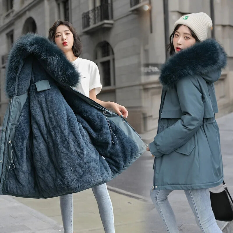 Parka feminina casual com capuz com gola de pele, jaqueta quente de inverno, forro feminino, casaco grosso de neve, roupas novas, 2023
