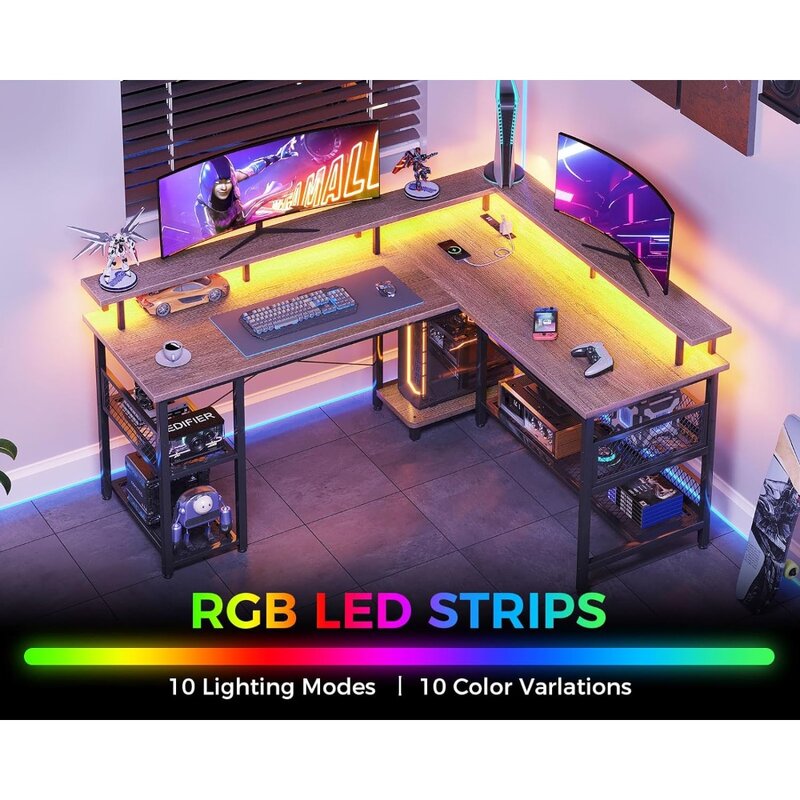 Odk 59 "l-förmiger Gaming-Schreibtisch mit Steckdose und LED-Leuchten, PC-Spieltisch mit USB-Anschlüssen, reversibler L-förmiger Schreibtisch
