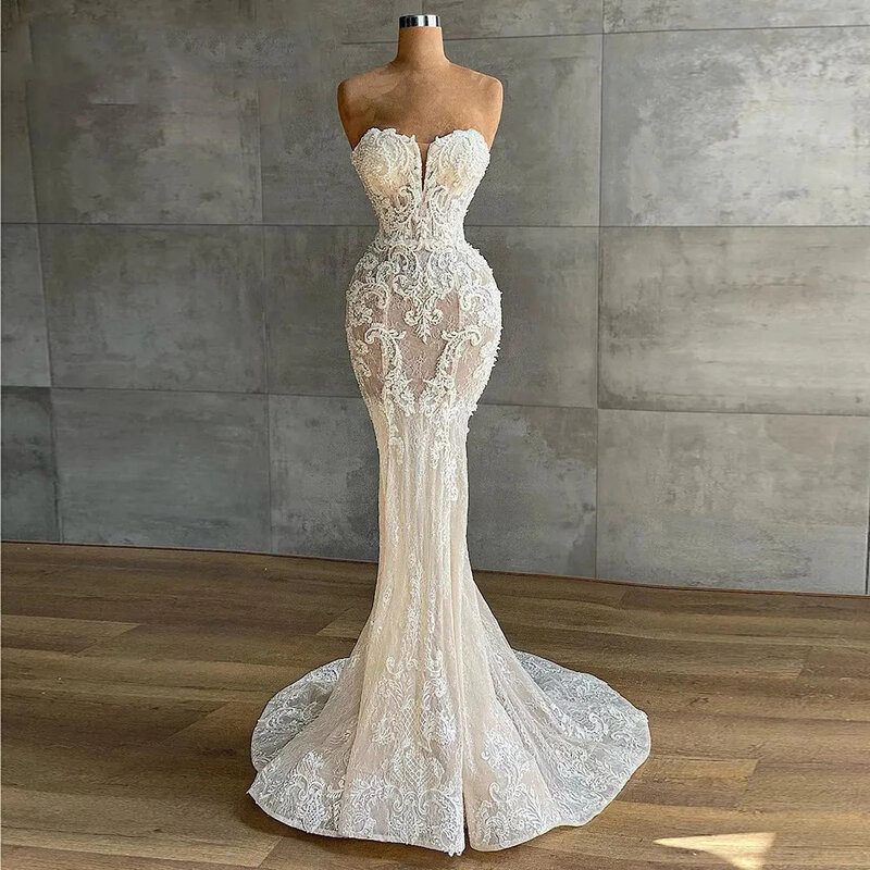 Elegant Mermaid Lace Print Sexy Open Back Hip Bridal Wedding Dress Luxury Crystal Beads Sweet Sleeveless Customization