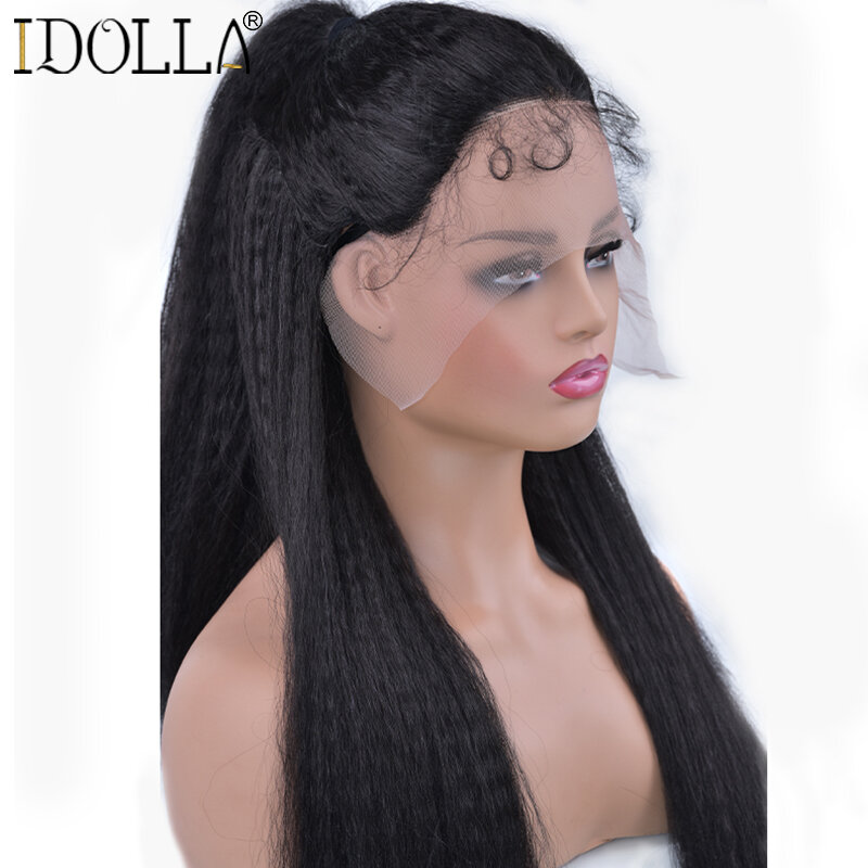 Peluca recta rizada con malla frontal para mujer, cabello sintético Yaki negro con pelo de bebé, temperatura de calor, sin pegamento, 180% de densidad