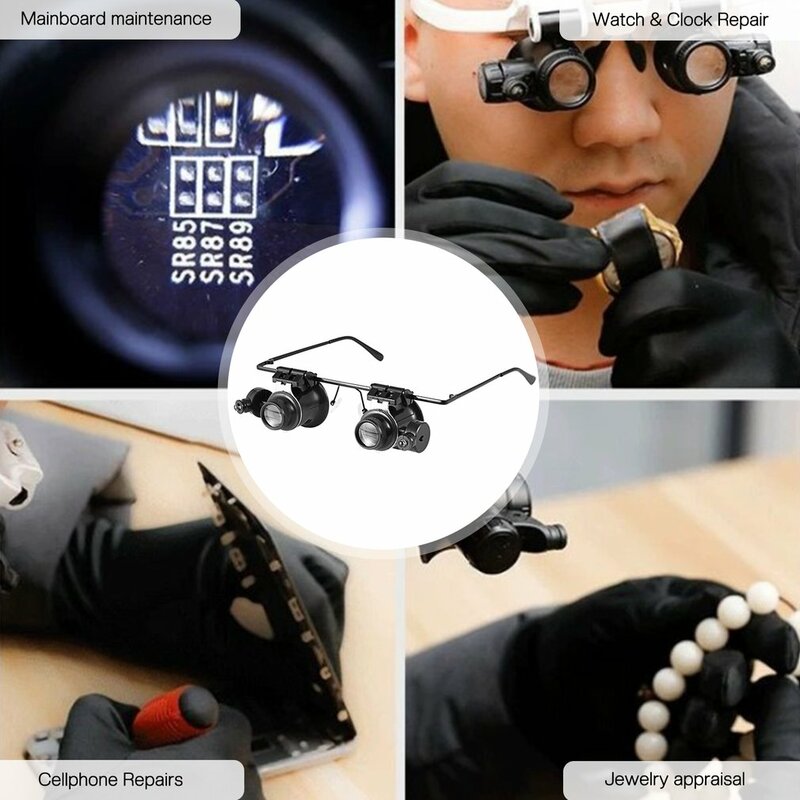Double Eye Magnifier Watch Repair Tool com 2 luzes LED ajustáveis, Óculos Tipo, 20X Lupas, Metal Frame, Novo