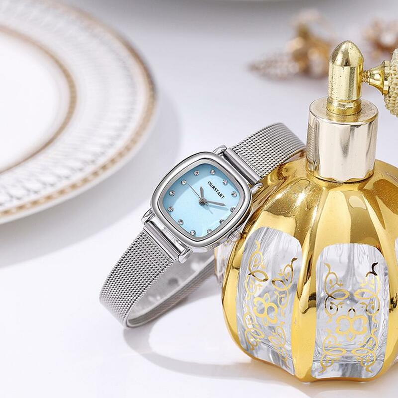 Jam tangan wanita, jam tangan berlian imitasi modis jam tangan wanita elegan persegi dengan tali jala Quartz untuk ulang tahun anak perempuan