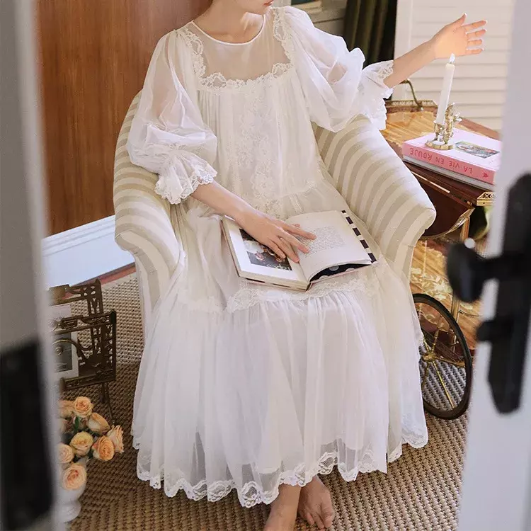 Letnia damska koszula nocna z nadrukiem z pół rękawem koronkowa damska długa koszula nocna solidna francuski styl z okrągłym dekoltem luksusowa odzież domowa dla kobiet