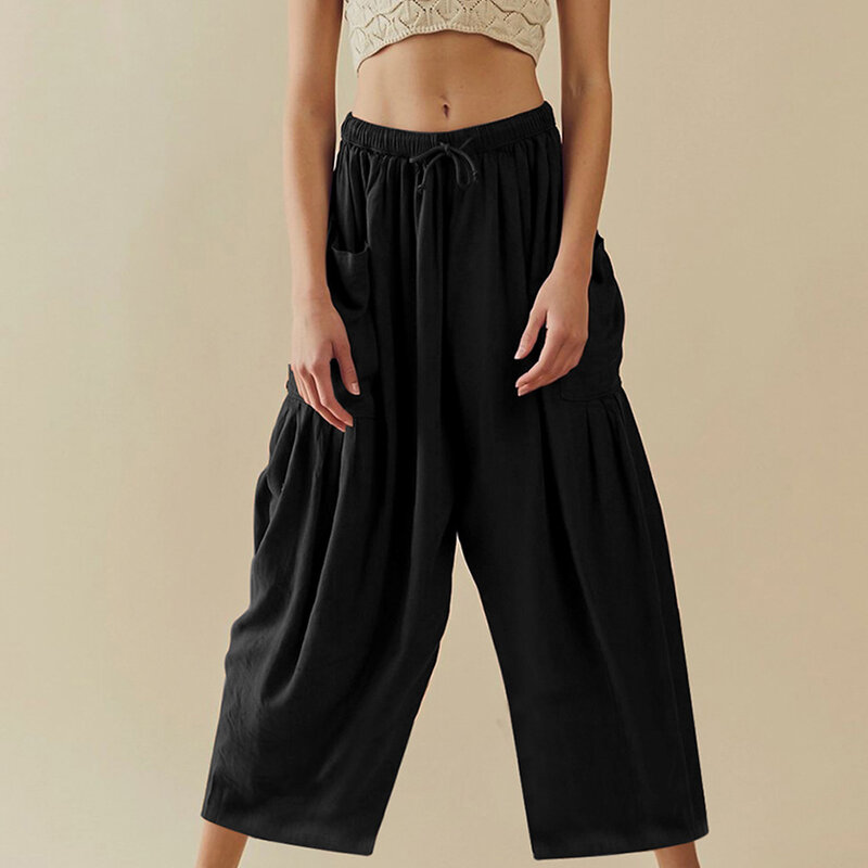 Celana Yoga olahraga celana Harem wanita pinggang tinggi celana wanita longgar tipe sedikit elastis warna Solid kualitas tinggi