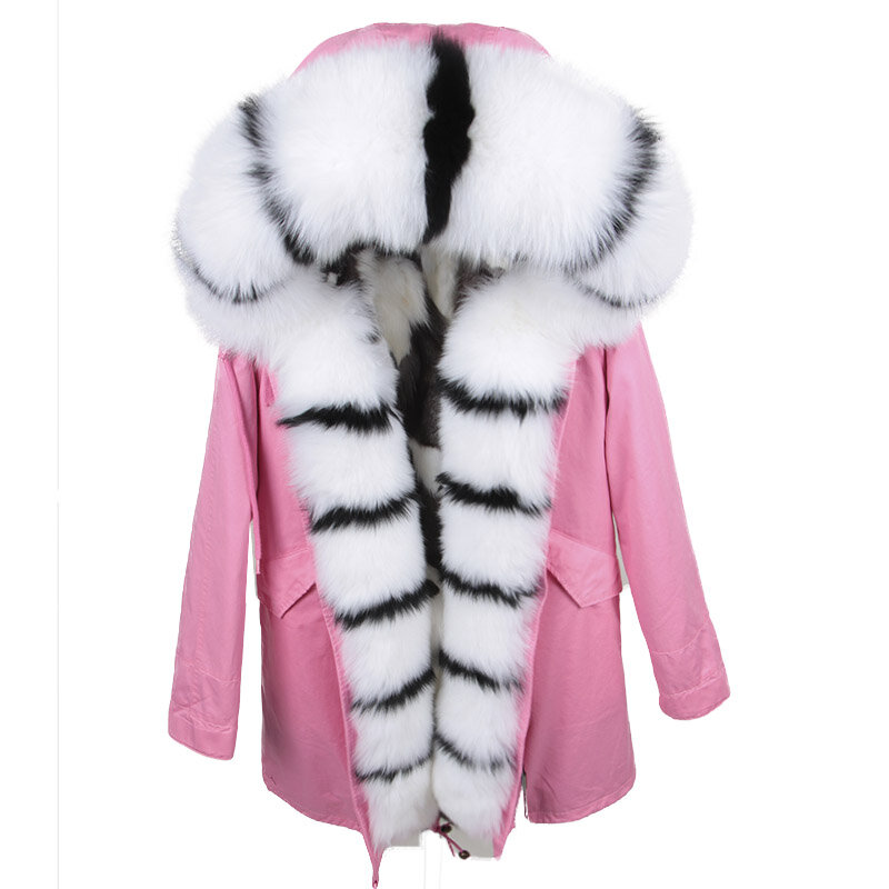 MAOMAOKONG-abrigo de piel auténtica para mujer, chaqueta cálida con cuello de piel Natural, Parkas largas con cuello grande de zorro plateado, invierno, 2023