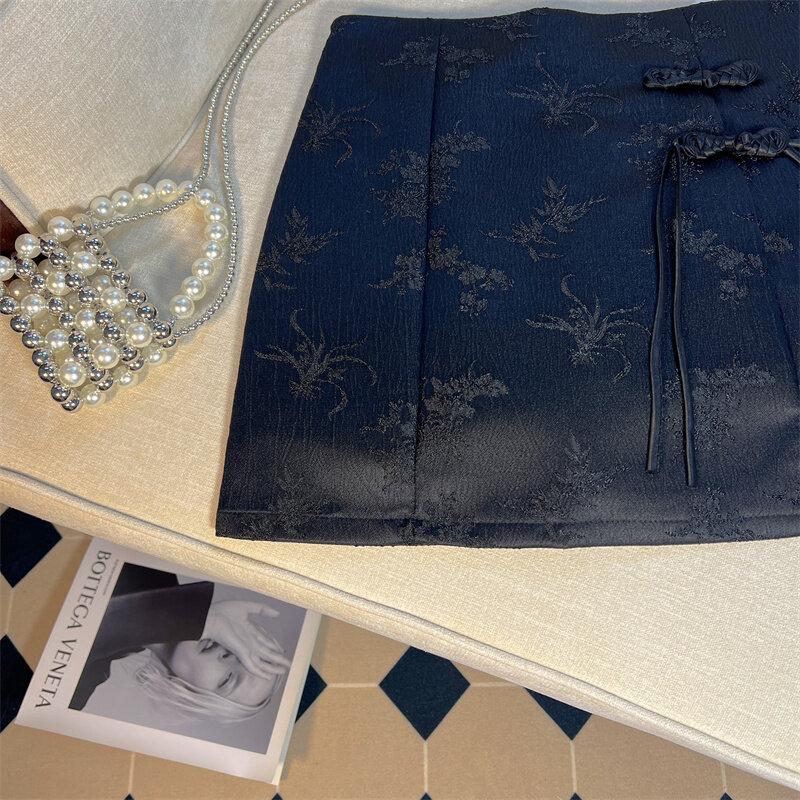 Женская жаккардовая мини-юбка на пуговицах, черная винтажная белая трапециевидная юбка с высокой талией в китайском стиле, лето 2024