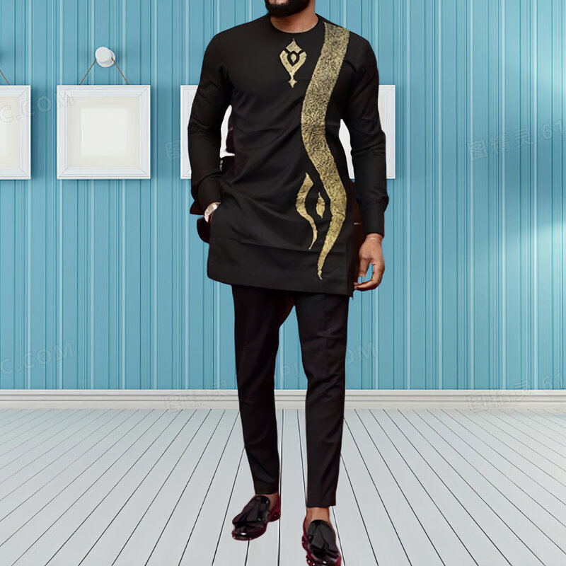Setelan pakaian Pria Afrika 2 potong, atasan kaus leher bulat warna perunggu, celana panjang kasual gaya nasional, setelan pernikahan kustom tradisional pria