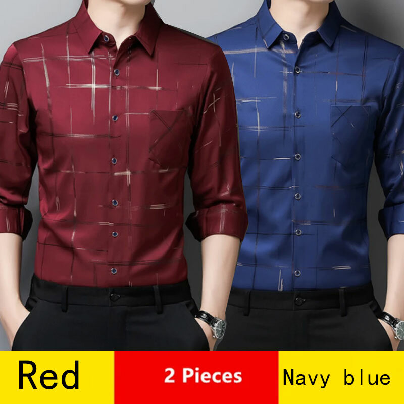 6XL Large Spring and Autumn 2023 New Men's Long Sleeve Slim Fit Luxury Stamping Elastic Non-iron Leisure Business Shirt