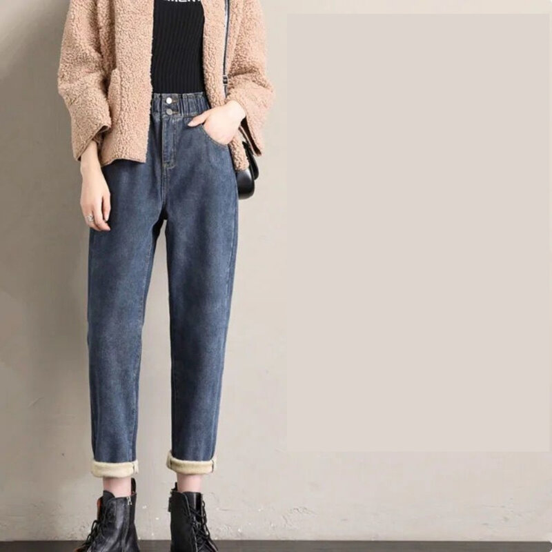 Streetwear celana Denim beludru untuk wanita, celana Harem kasual pinggang tinggi elastis modis gaya Korea, celana jins beludru musim dingin hangat untuk pelajar wanita
