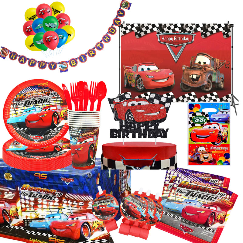 Décoration de fête d'anniversaire sur le thème de la voiture McQueen, fournitures de fête préChristophe, assiette en papier, nappe et ballon, dessin animé Disney