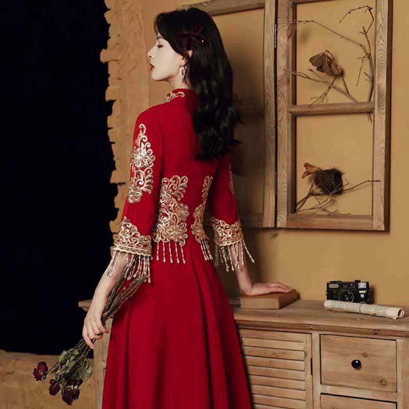 Винтажное свадебное платье бордового цвета, вечернее китайское платье с воротником-стойкой, потрясающая свадебная одежда для невесты, элегантный темпераментный чонсам