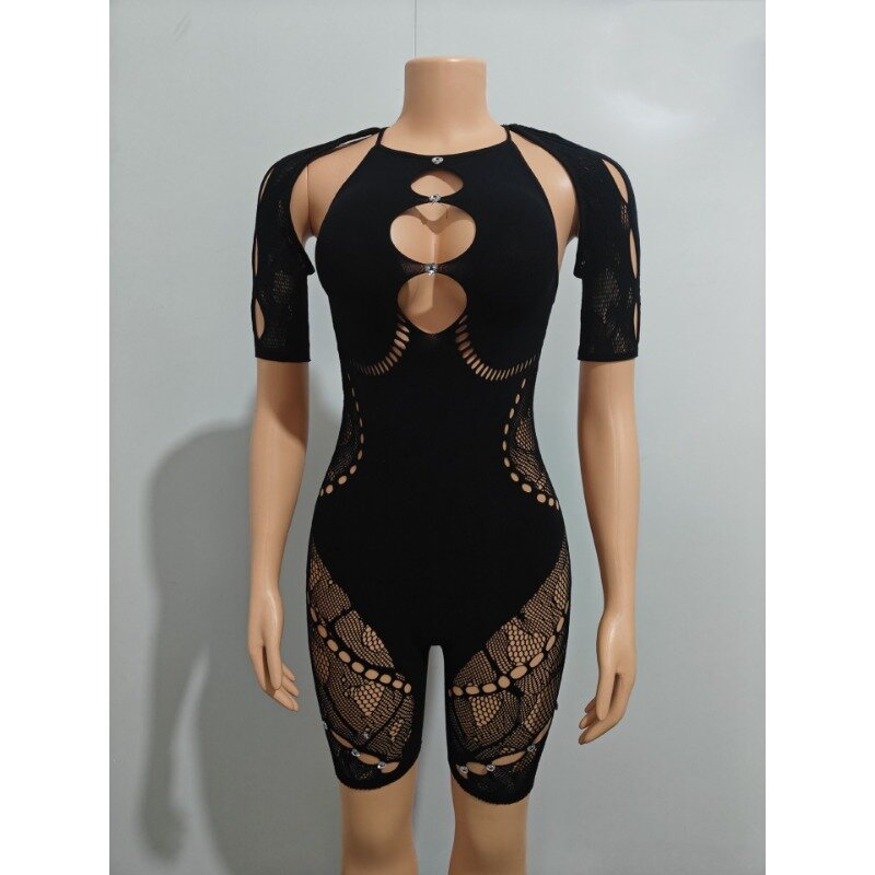 2024 Summer Sexy Hollow Backless Diamonds Bodycon Rompers Women Solid See Through Lace Up Spicy Girls Skinny Playsuits Clubwear