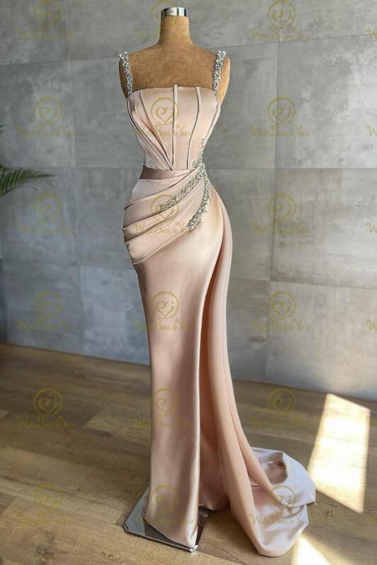 Vestidos longos de champagne, fenda alta, decote de barco, cintas de espaguete frisadas, vestidos elegantes, turco de luxo, sereia, 2023