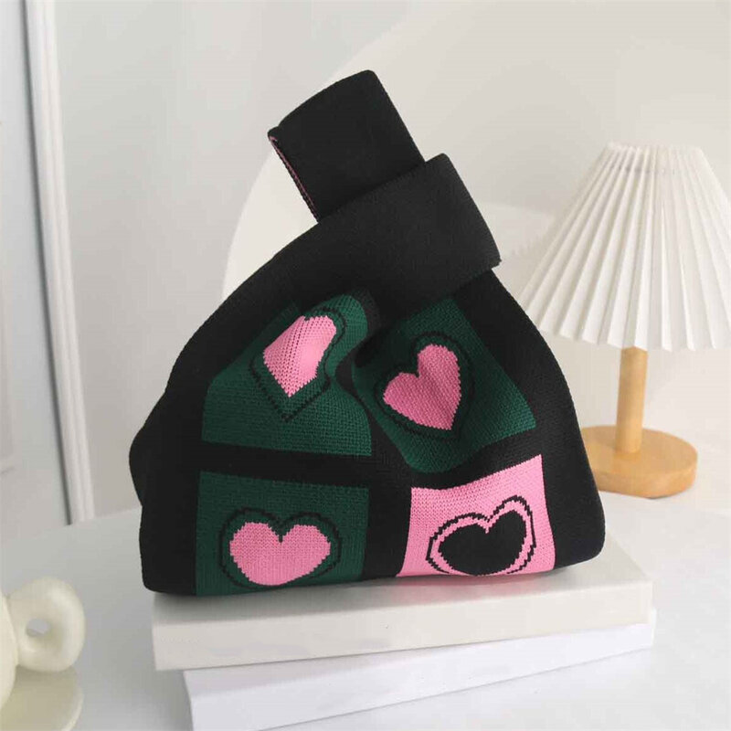 Fashion Handmade Knitted Handbags Women Mini Knot Wrist Bag Cute Colorful Heart Knit Tote Bag Girls Reusable Shopping Bags