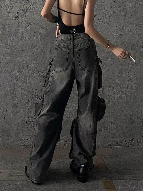 Celana kargo wanita Baggy Y2K Goth Cyber Punk celana Jeans ibu Grunge gelap Academia Harajuku mode Jin tumpuk Hip-pop
