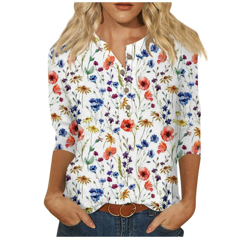Y2k элегантная повседневная женская блузка с цветочным принтом 2024 с V-образным вырезом на пуговицах, летний женский пуловер с рукавом 3/4, хлопковые рубашки