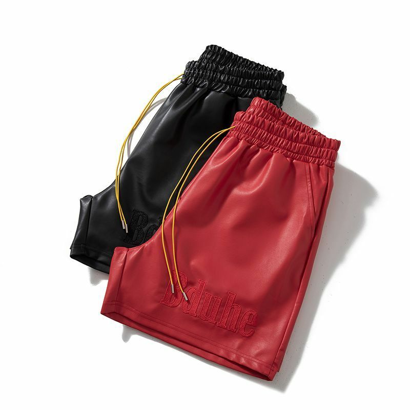 Calções esportivos americanos PU para homens, calças casuais retrô de harajuku, roupa de rua solta com cordão, nova, 2022