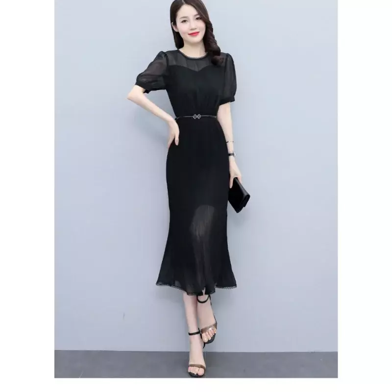 Black Chiffon Dresses Women Summer Belt Slim Fit Slim Stunning Long Dress Stitching Short Sleeve Pleated Round Neck OL Clothing